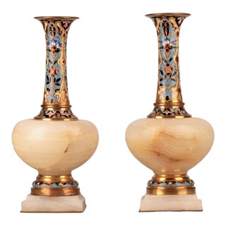 Pair of Late 19th Century Neoclassical Colorful Bronze and Onyx Champlevé Enameled Footed Vases, France For Sale