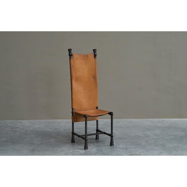 Vintage Brutalist High Back Chair in Wrought Iron and Patinated Cognac Leather, 1950s For Sale - Image 4 of 18