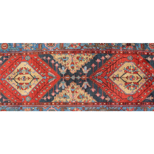 Antique Geometric Persian Long Heriz Runner in Red, Blue, Yellow, and Tan 3 X 14'9 For Sale - Image 11 of 13