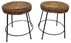 Set of Italian Wicker and Wrought Iron Stools, 1950s