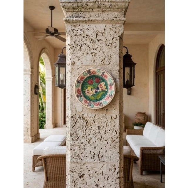 Vintage Hand-Painted Mediterranean Style Terracotta Ceramic Wall Hanging Plate - Bird & Tulip Motif For Sale - Image 10 of 12