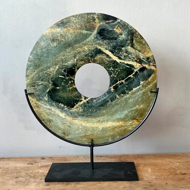 Metal Vintage Asian Green Marble Disc For Sale - Image 7 of 7