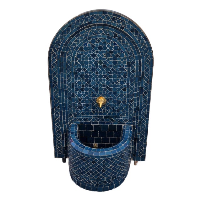 Petrol Blue Arched Moroccan Mosaic Tile Fountain For Sale