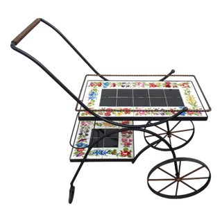 Hand Painted Ceramic Tiles and Wrought Iron Bar Cart Trolley by N. Teplow, 1950s For Sale