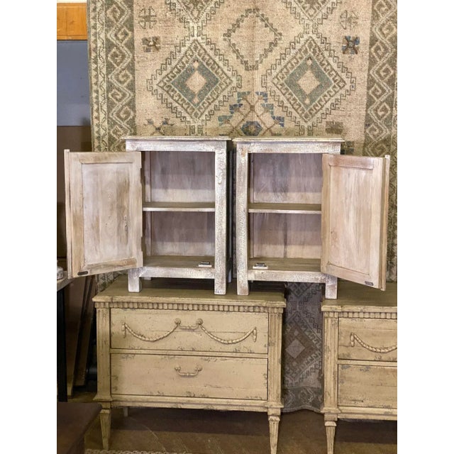 Pair Painted & Distressed Carved Cabinets with Shelf For Sale - Image 4 of 13