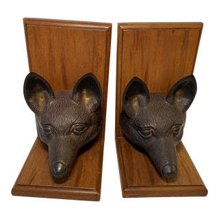 Vintage Wood Fox Bookends Set by Sarreid For Sale