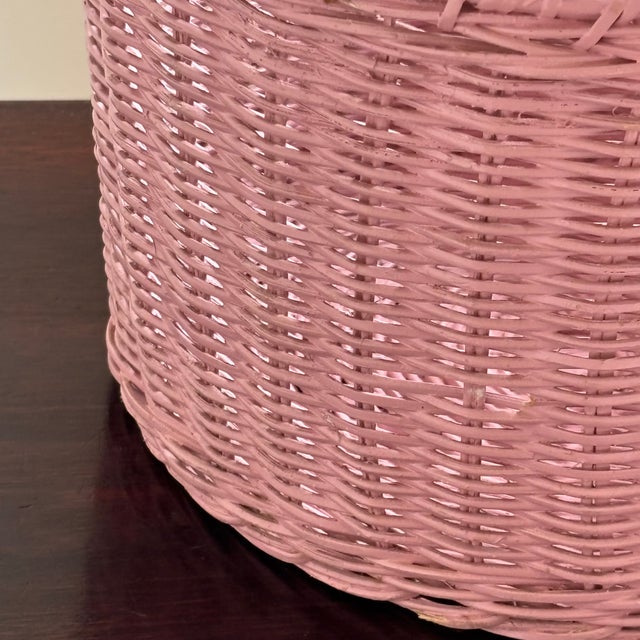 Shabby Chic Mid-20th Century Bubble Gum Pink Wicker Wastebasket For Sale - Image 3 of 17