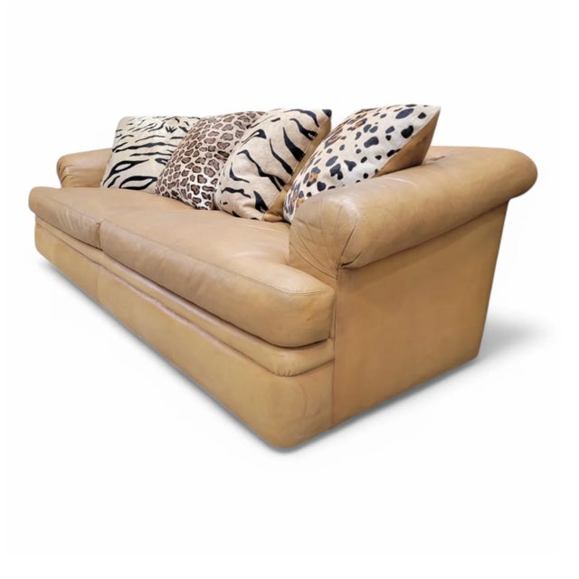 A. Rudin Vintage Oversized Distressed Cognac Leather Rolled Arm Sofas by A. Rudin - Pair For Sale - Image 4 of 15