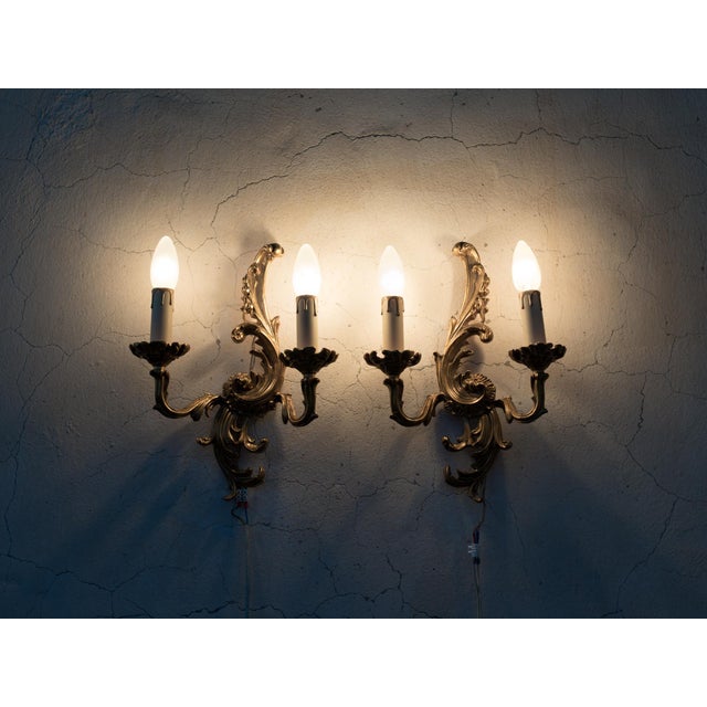 1950s Spanish Rococo Gilt Brass 2-Light Wall Sconces - A Symmetrical Pair For Sale - Image 9 of 9