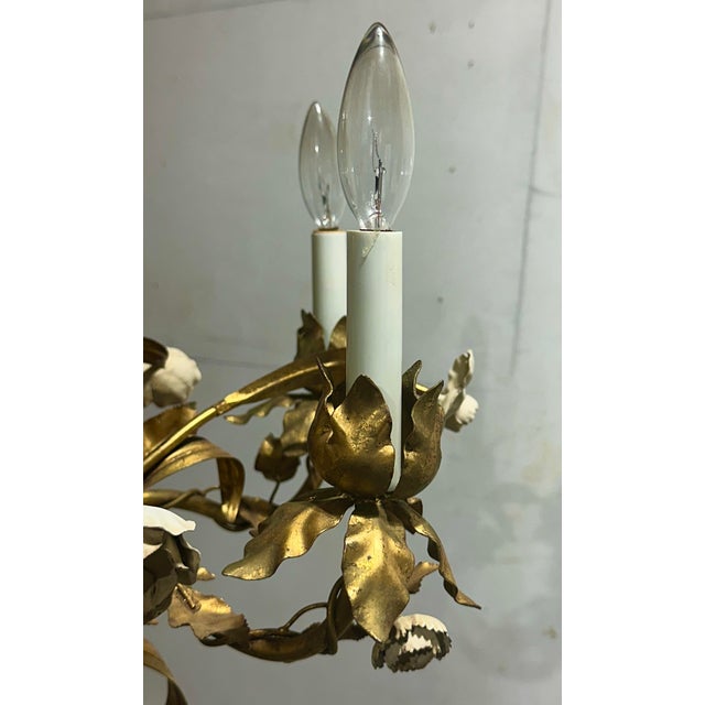 Metal Vintage Italian Gilded Tole and Cream Enamel Floral 6-Light Chandelier For Sale - Image 7 of 17