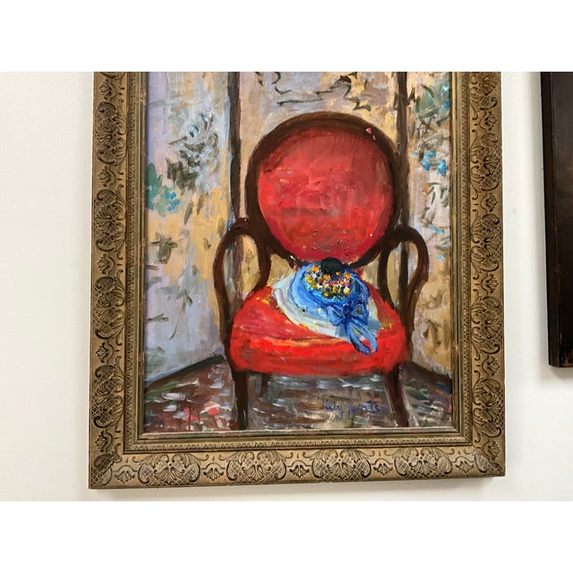 Mid 20th Century Oil on Canvas by Lily Birnbaum Javits, Red Armchair Still Life, Framed For Sale In West Palm - Image 6 of 6