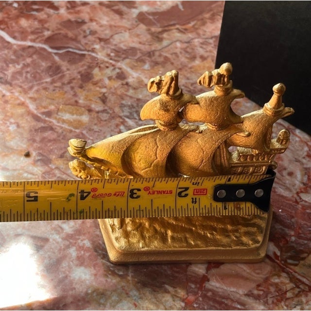 Metal Antique Bronze Gilded Bookend Sailing Boat 1803 Galleon Time of Elizabeth Stamp For Sale - Image 7 of 10