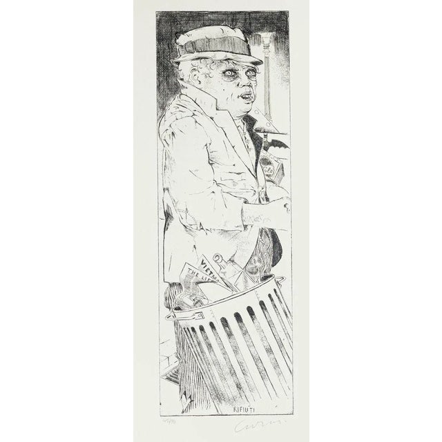 Image dimensions: 42 x 14 cm. Trash is an original black and white etching on paper, realized by the Italian artist Bruno...