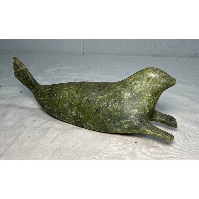 Folk Art Antique Signed Carved Green Soapstone Canadian Seal Eskimo Sculpture Inuit For Sale - Image 3 of 11