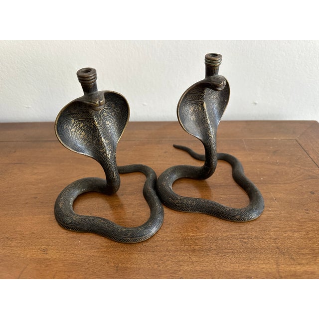 Antique Brass Cobra Candlestick Holders Decor - Pair For Sale - Image 4 of 9
