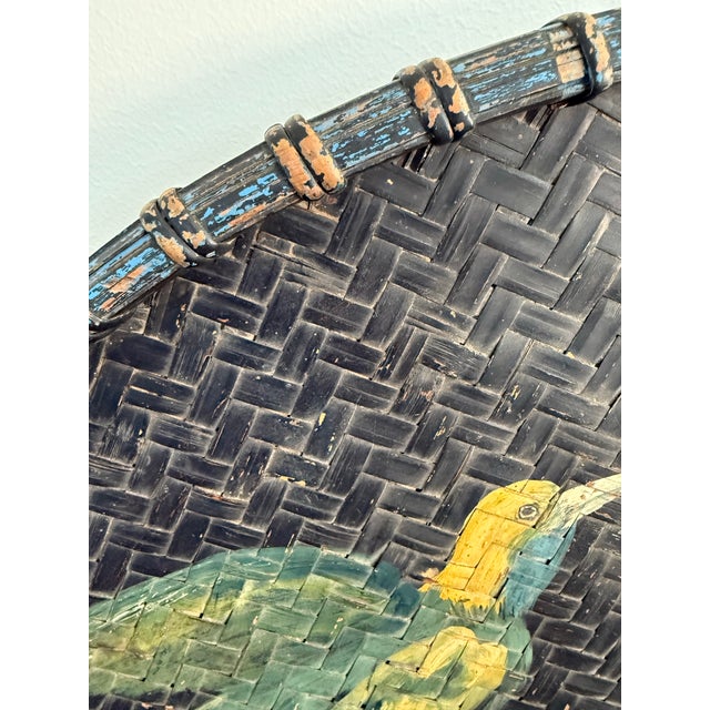 Large Vintage Wicker Basket Tray With Hand Painted Birds of Paradise For Sale - Image 9 of 11