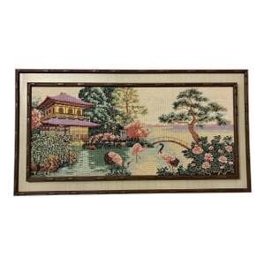 Vintage Needlepoint Chinoiserie Scene Wall Art