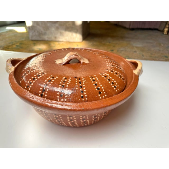 Vintage Hand Painted Traditional Mexican Clay Earthenware Pottery Lidded Pot For Sale - Image 4 of 11