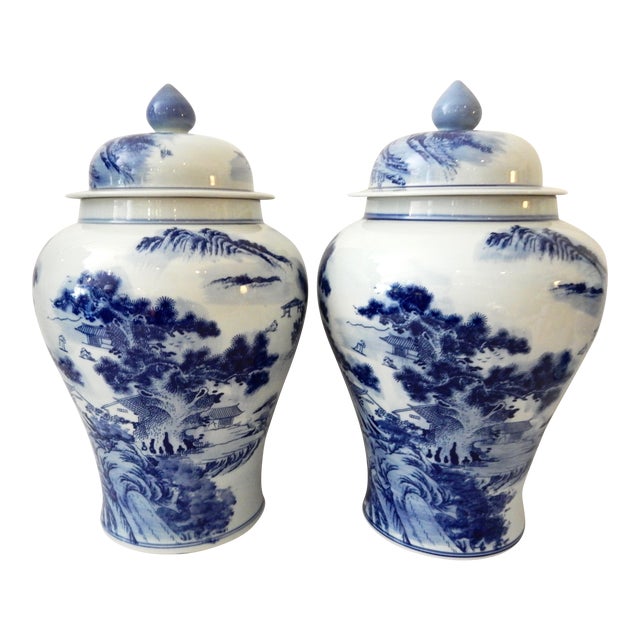 Blue & White Porcelain Ginger Jars Pair Chairish