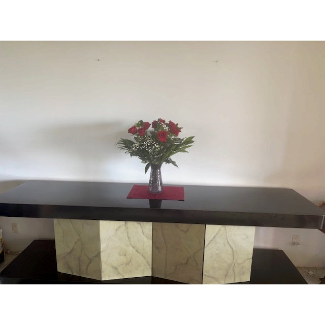 Elegant and in Excellent Condition Custom Credenza/Buffet Black Gloss and Polyurethane Finish. Gloss Grey and Mauve Marble...