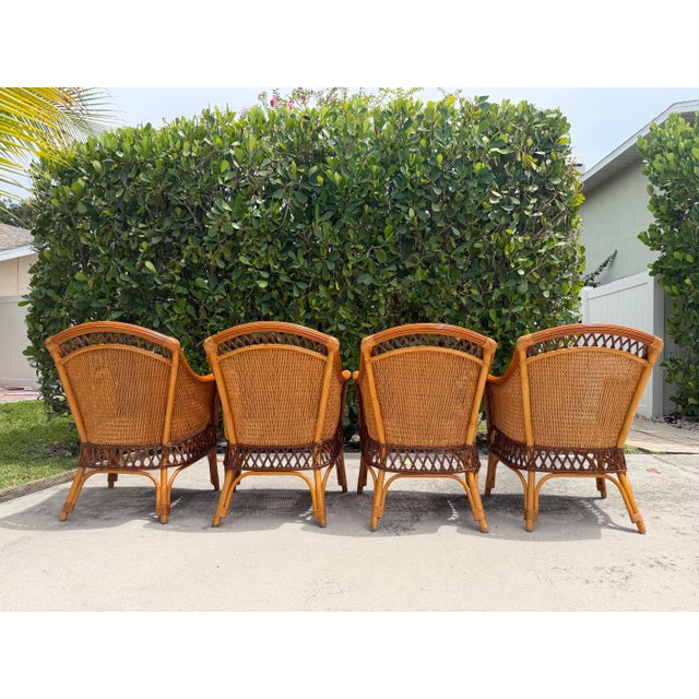Wood Vintage Palecek Wicker Dining Armchairs With Cushions – Set of 4 For Sale - Image 7 of 18