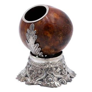 South American Coconut-Shaped Mate Gourd with Cut-Out Silver Stand For Sale