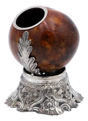 South American Coconut-Shaped Mate Gourd with Cut-Out Silver Stand