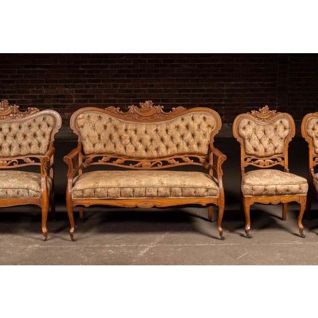 Late 19th Century Late 19th Century Victorian Eastlake Carved Oak Parlor Suite – 6 Piece Set For Sale - Image 5 of 18
