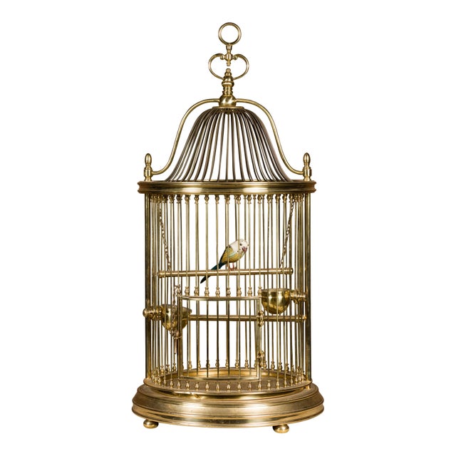 Mid-Century Modern French Midcentury Brass Circular Birdcage with Decorative Bird For Sale - Image 3 of 11