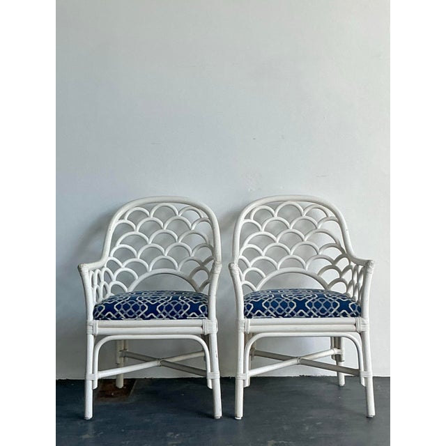 Vintage Coastal Scalloped Rattan Lounge Chairs - A Pair For Sale In West Palm - Image 6 of 12