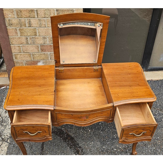 Mid 20th Century Drexel French Provincial Style Walnut Mirrored Vanity Table With Bench - Set of 2 For Sale - Image 5 of 12