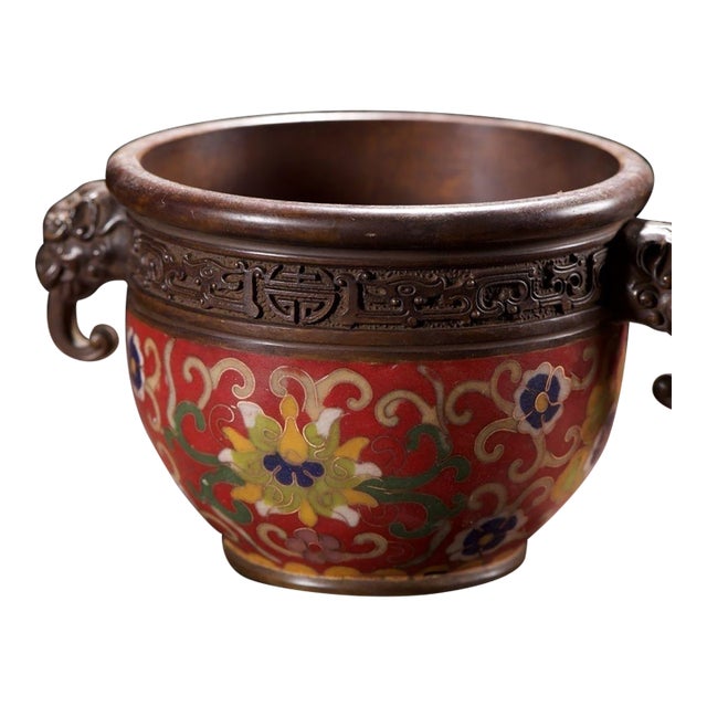 Vintage Cloisonné Enamel Censer With Beast Handles and Lotus Motif For Sale
