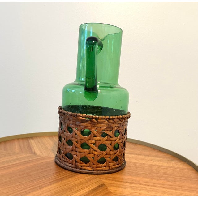 Vintage Green Blown Glass Pitcher With Wicker Basket Wrap – Possibly Empol For Sale - Image 4 of 13
