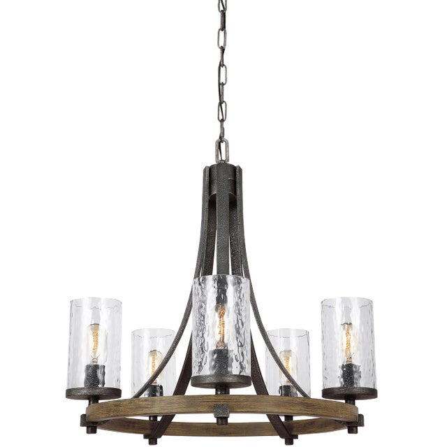 Rustic Sean Lavin By Visual Comfort Studio Angelo Small Chandelier in Distressed Weathered Oak / Slate Grey Metal For Sale - Image 3 of 3