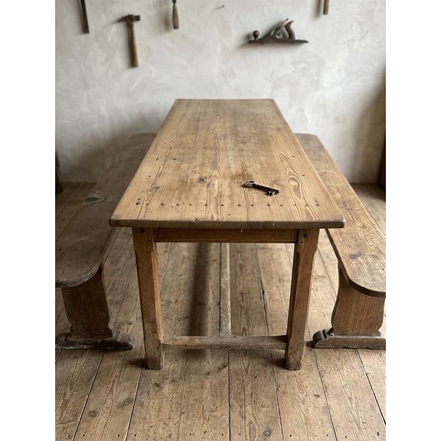 Antique Farmhouse Table and Wooden Benches, 1870, Set of 3 For Sale - Image 4 of 5