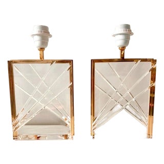 Acrylic Glass Table Lamps with Gilt Structure, Italy, 1970s, Set of 2 For Sale