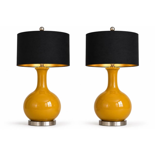 Late 20th Century Mustard Ceramic Gourd Table Lamps With Black & Gold Drum Shades - a Pair For Sale - Image 4 of 4