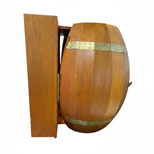 1960s Mid-Century Japanese Teak Barrel Mini Bar Cabinet With Brass Details For Sale - Image 4 of 5