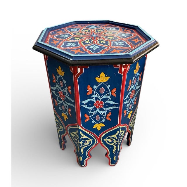 2020s Hand-Painted Moroccan Octagonal Side Table - Cobalt & Crimson For Sale - Image 5 of 9