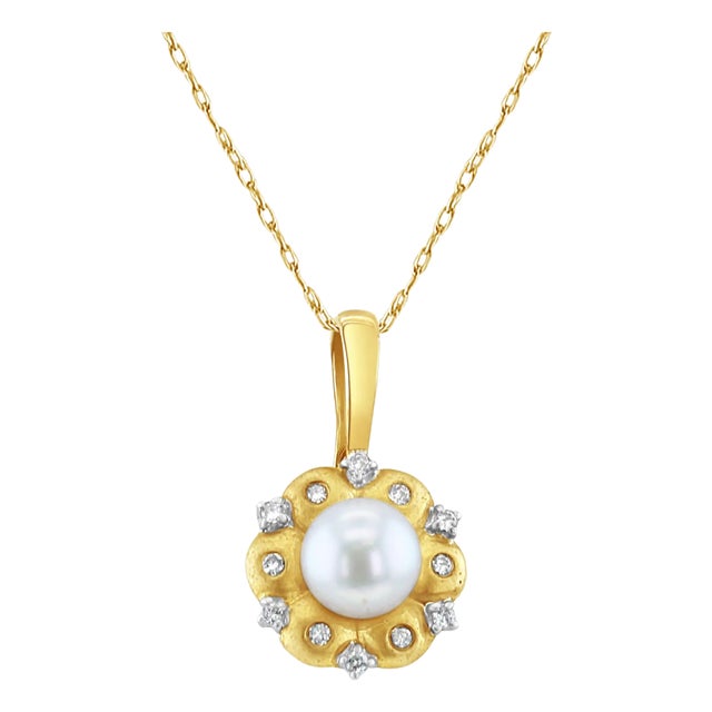 Flower Shaped Pearl Pendant with Diamond Accent & Matte Finish 16" For Sale