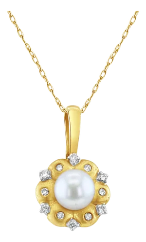 Flower Shaped Pearl Pendant with Diamond Accent & Matte Finish 16"