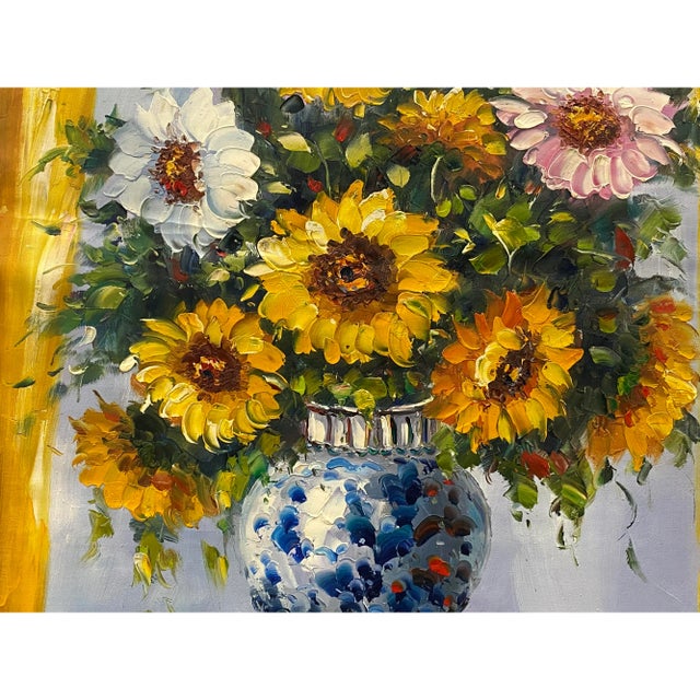 Impasto Oil Paint Canvas Art Sunflowers Bw Vase Scroll Painting For Sale - Image 4 of 6