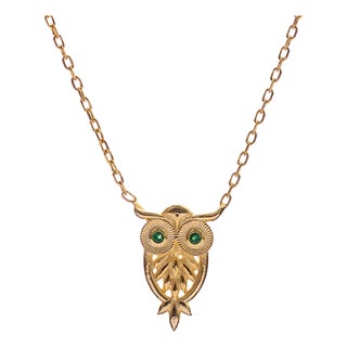 Mystic Owl Emerald Eyes Gold Necklace For Sale