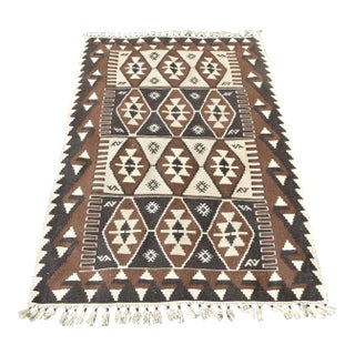 1980s Hand Knotted Oushak Kilim Striped Diamond Line Design Turkish Kilim Rug For Sale