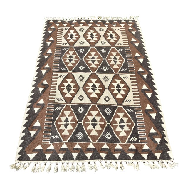 1980s Hand Knotted Oushak Kilim Striped Diamond Line Design Turkish Kilim Rug For Sale