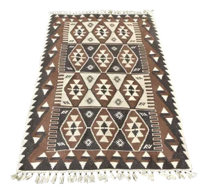 1980s Hand Knotted Oushak Kilim Striped Diamond Line Design Turkish Kilim Rug