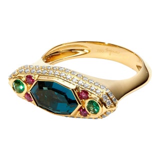 Syna Yellow Gold London Blue Topaz, Emeralds, Rubies and Diamond Ring For Sale