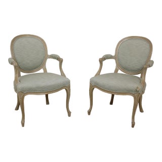 Pair French Painted Finish Medallion Back Armchairs For Sale