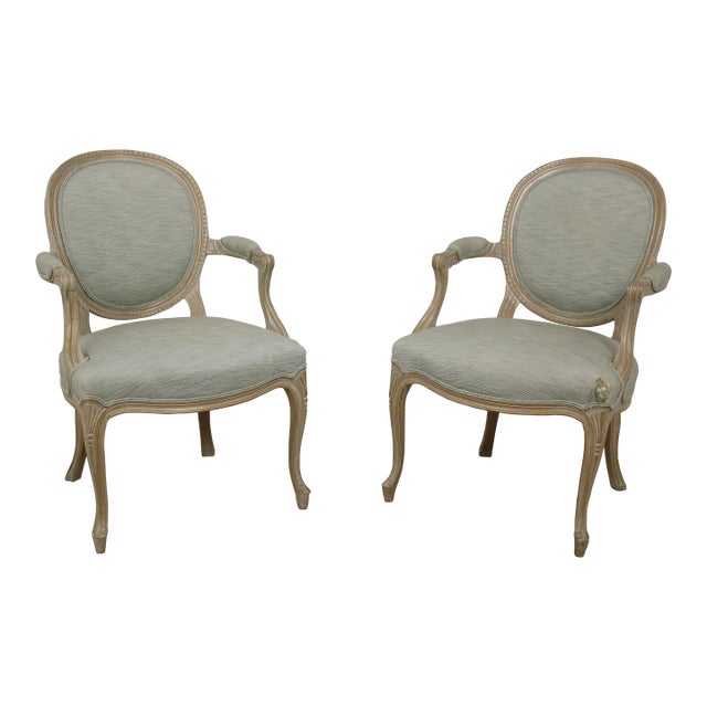 Pair French Painted Finish Medallion Back Armchairs For Sale