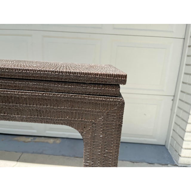 Traditional Mid-Century Karl Springer Style Lacquered Brown Grasscloth Ming Style Console Table For Sale - Image 3 of 5